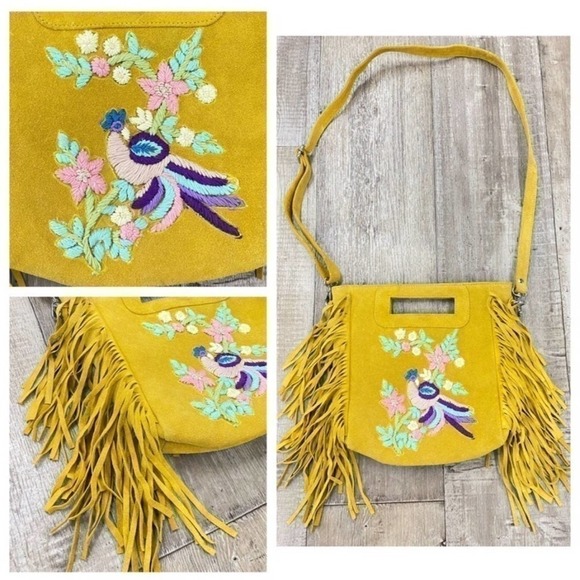 New! Raj LA California Dreamin' Yellow Suede Embroidered Purse - Picture 1 of 6